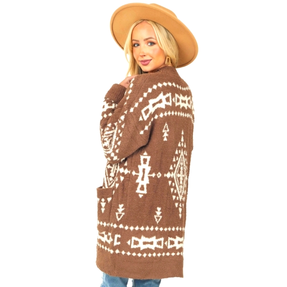 IN LOOM 🧡Coffee Geometric Soft Longline Button Up Cardigan⭐look western - Picture 3 of 13